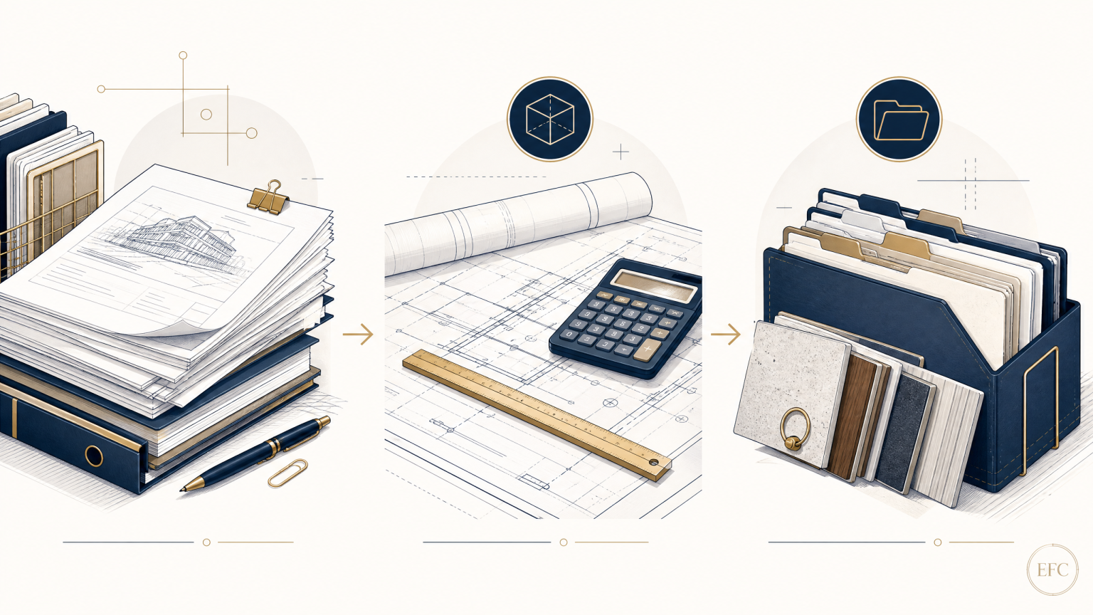 Construction estimating process showing project information, quantity review, and scope documents
