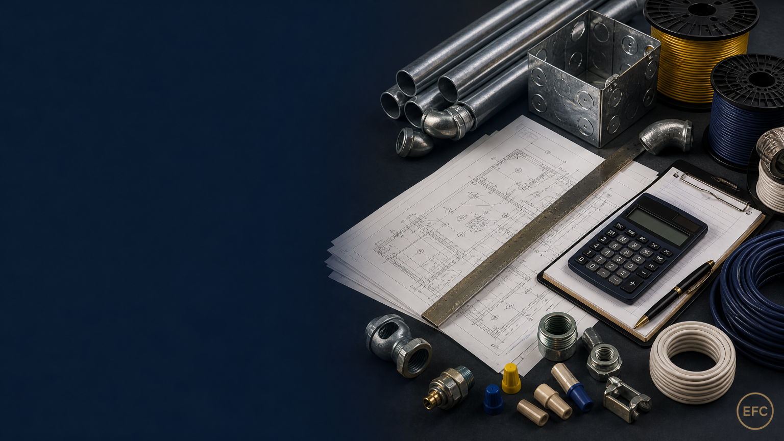 Electrical estimating planning materials including conduit, scope documents, and quantity takeoff context