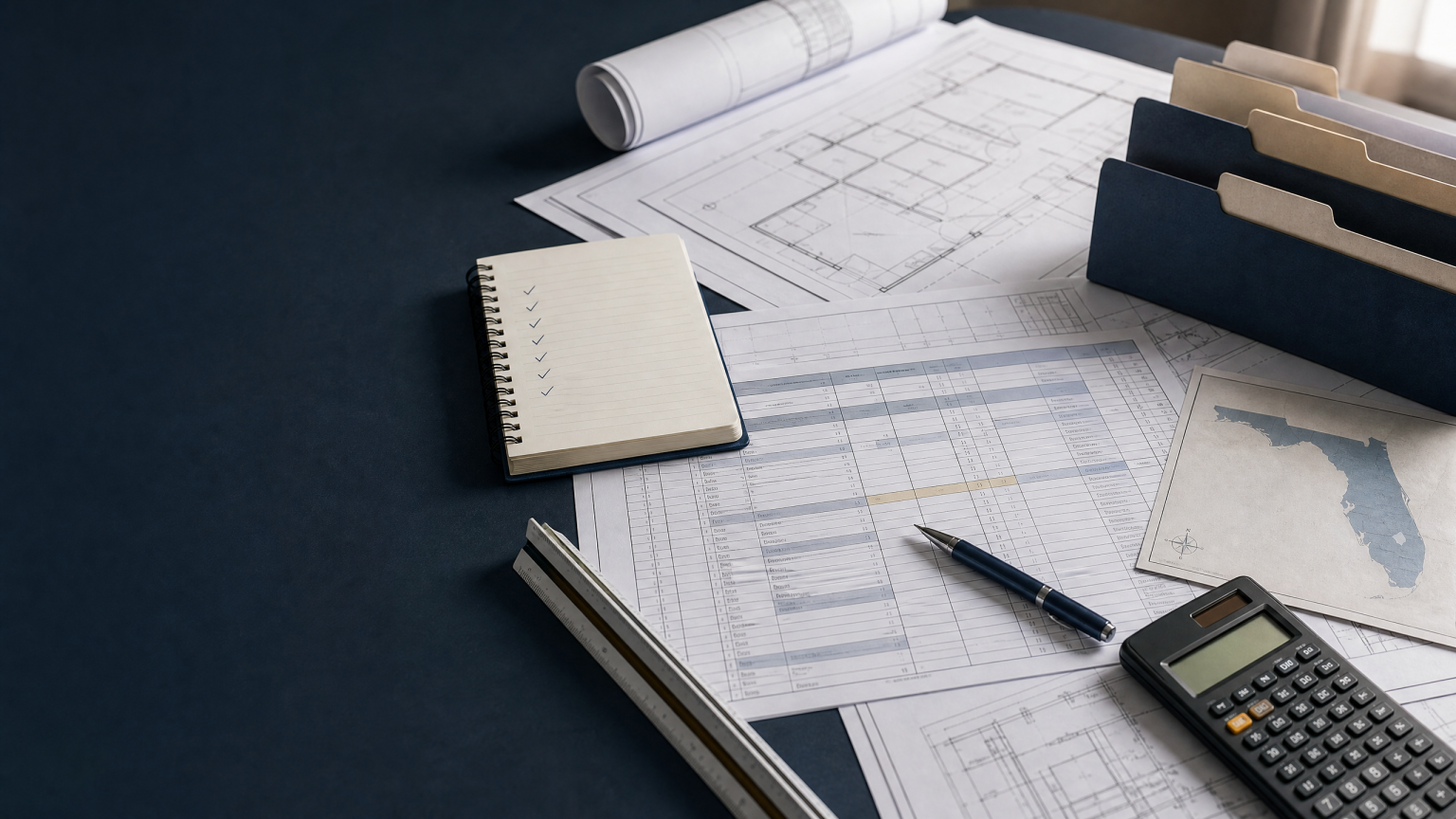 Construction estimating methodology workspace with quantity-takeoff documents, scope checklist, Florida planning context, and calculator