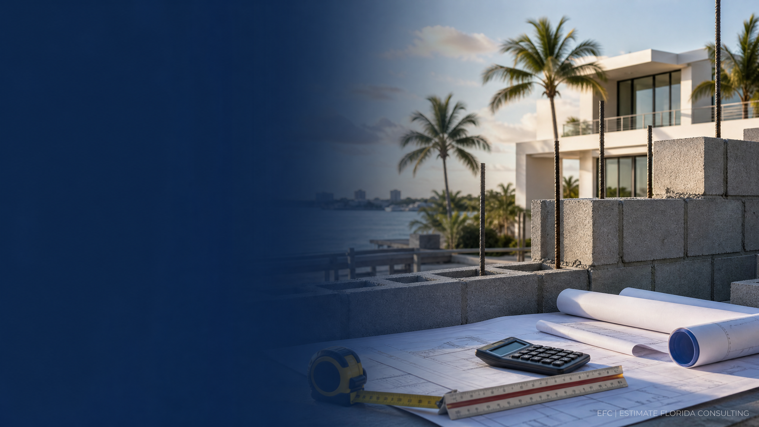 Watermarked CMU wall, measuring tools, and planning documents for Boca Raton concrete block estimating
