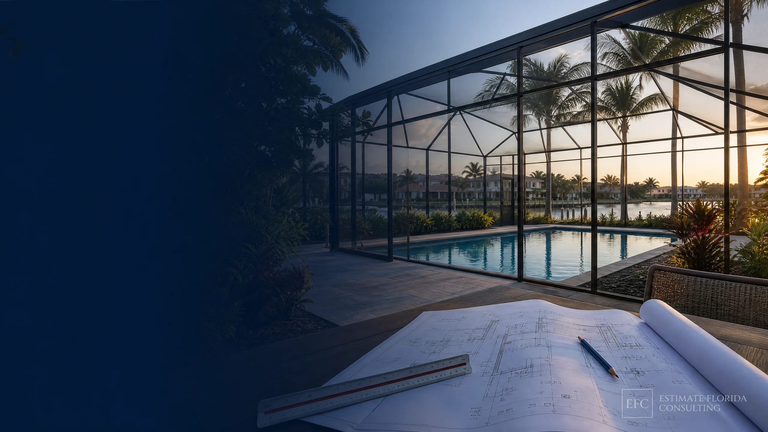Watermarked Boca Raton pool screen enclosure with estimating plans and measuring tools
