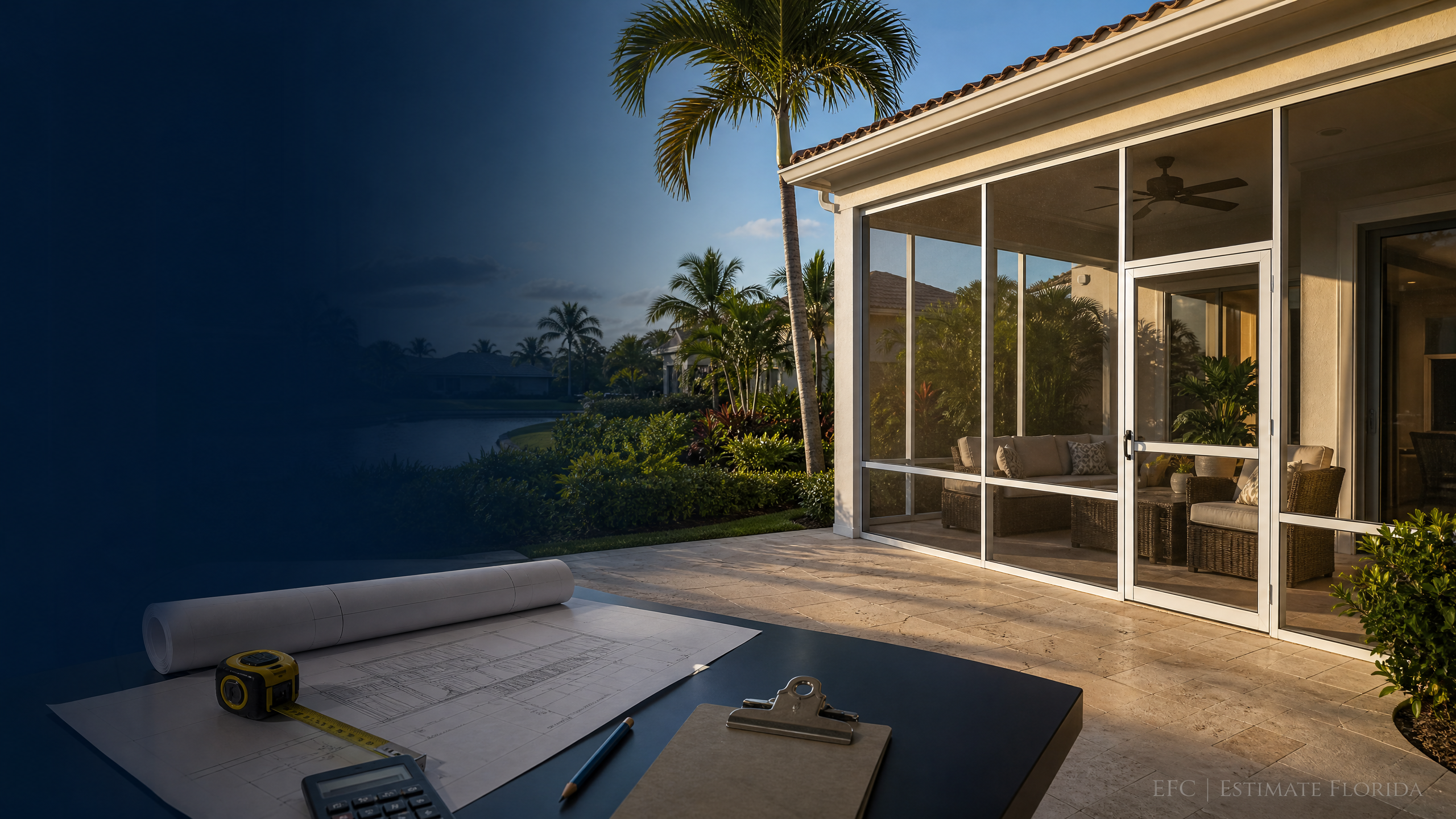 Watermarked screened porch, estimating plans, measuring tools, and Florida residential setting for Boca Raton screened porch estimating