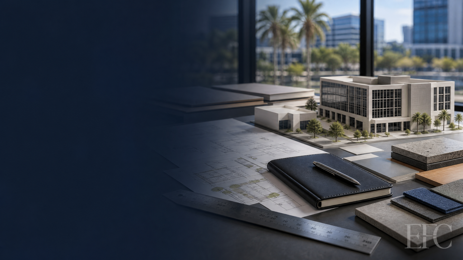 Commercial construction estimating workspace with building massing materials and EFC watermark