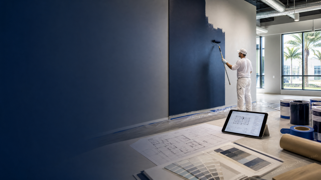 Commercial painting scope planning workspace with paint specifications and quantity takeoff materials in Florida