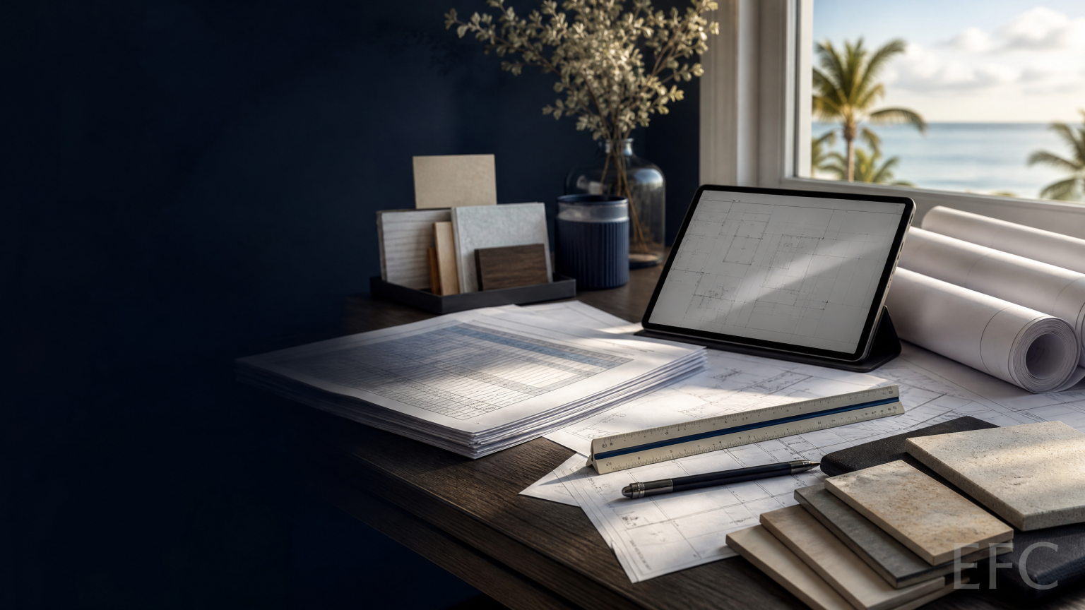 Construction estimating planning workspace with drawings, quantity takeoff materials and EFC watermark