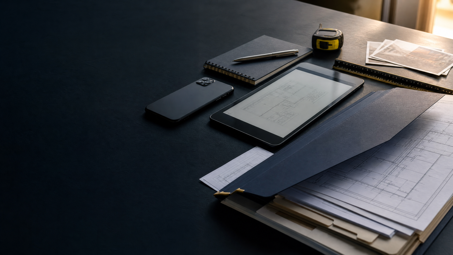 Project information workspace with plans, measurement tools, tablet, and organized construction planning materials