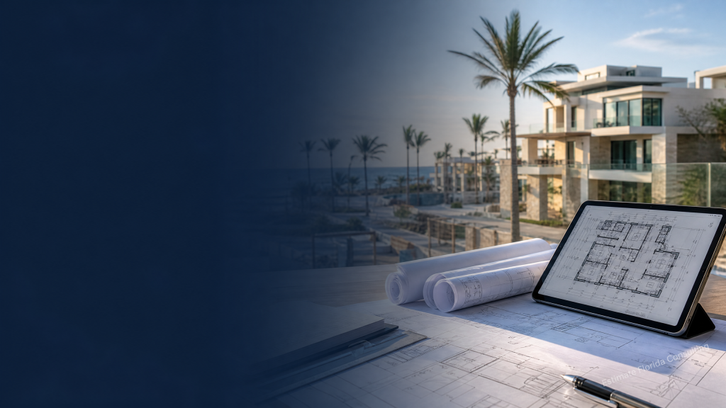 Delray Beach construction scope planning workspace with architectural drawings and coastal Florida development