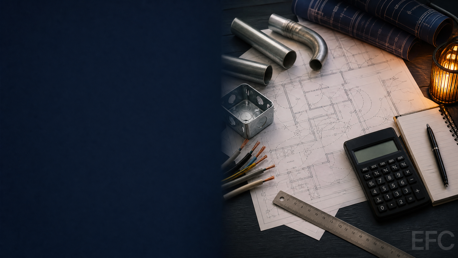 Electrical estimating workspace with electrical plan materials, conduit and EFC watermark