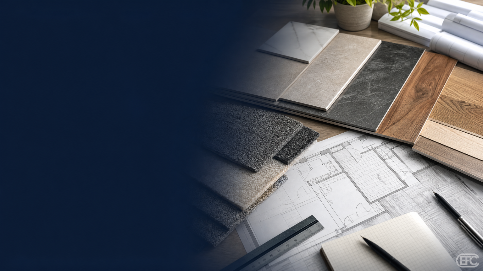 Flooring material samples, plan set and quantity takeoff workspace