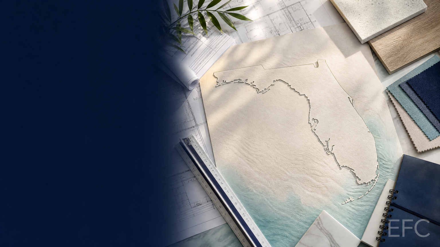 Florida statewide construction planning visual with Florida outline, project materials and EFC watermark