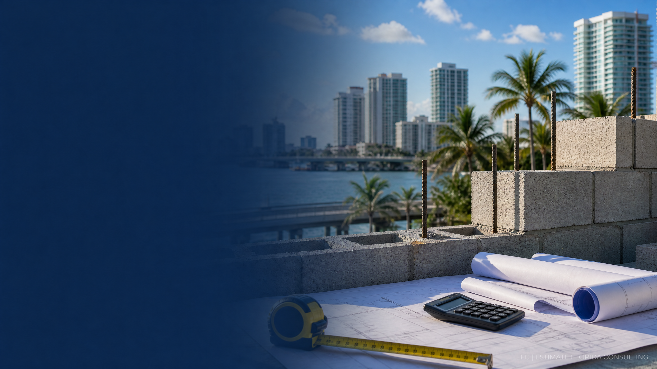 Watermarked CMU wall, rebar, measuring tools, and planning documents for Fort Lauderdale concrete block estimating