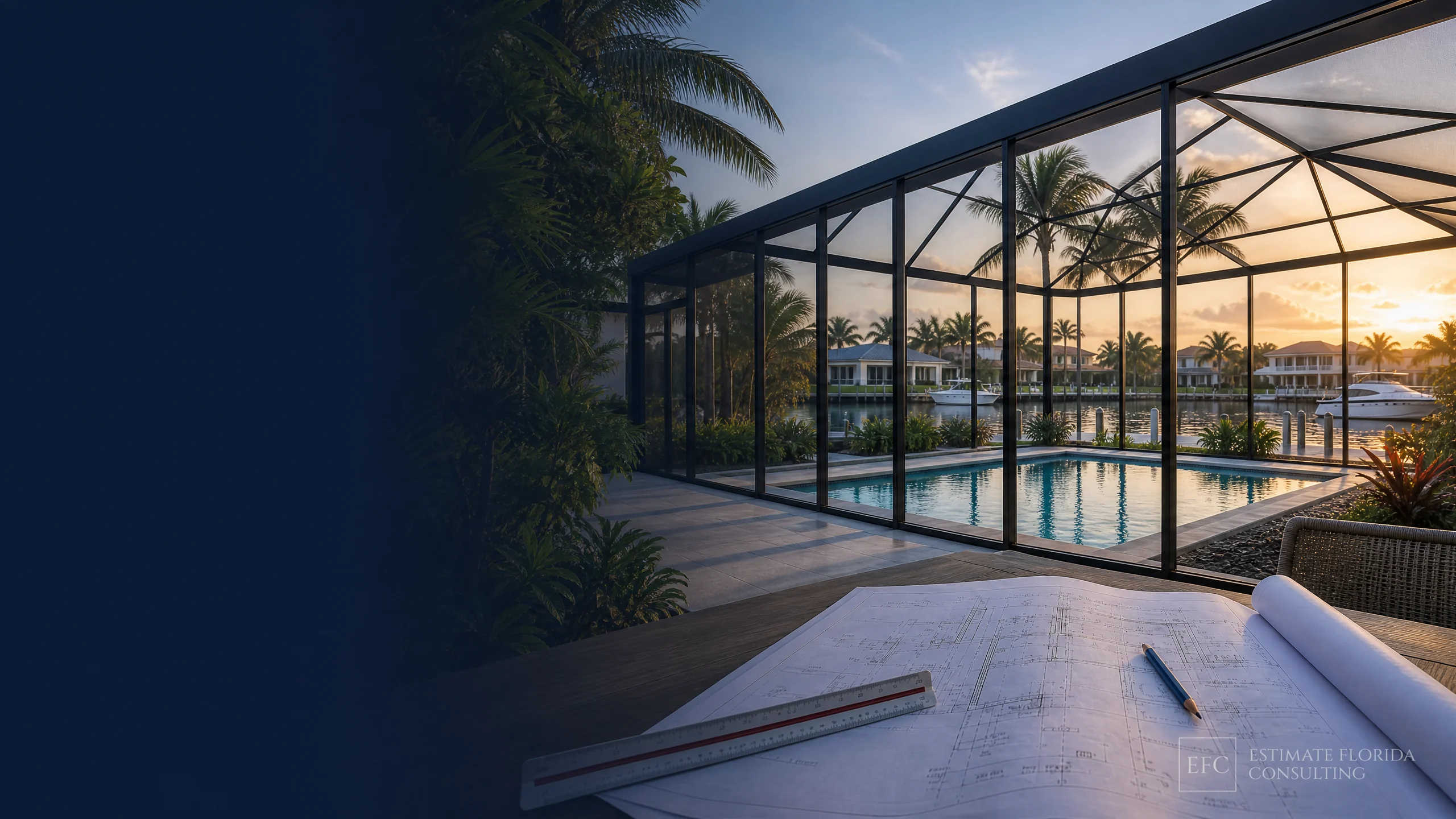 Watermarked Fort Lauderdale pool screen enclosure with estimating plans and measuring tools