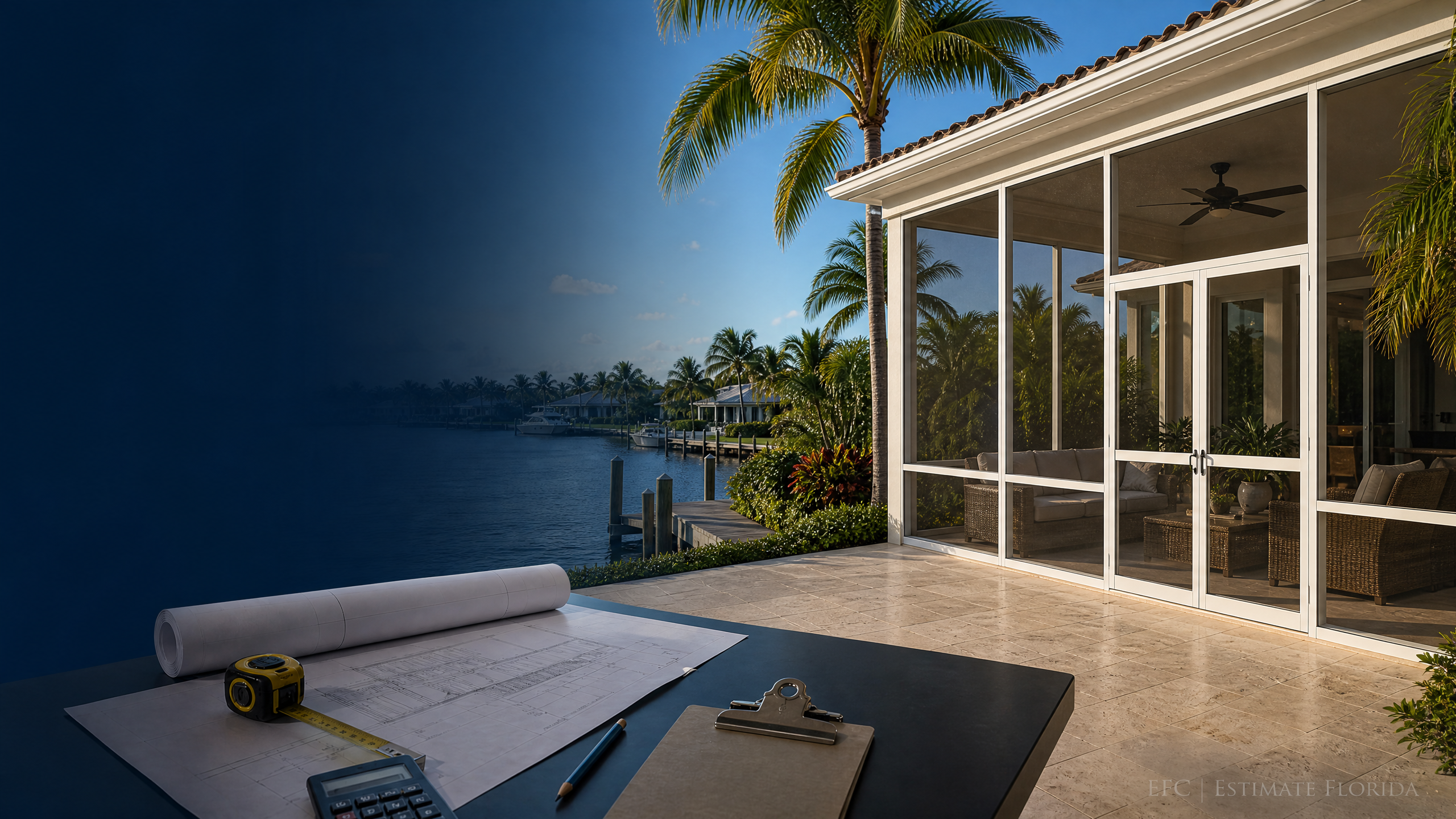 Watermarked screened porch, estimating plans, measuring tools, and Florida residential setting for Fort Lauderdale screened porch estimating