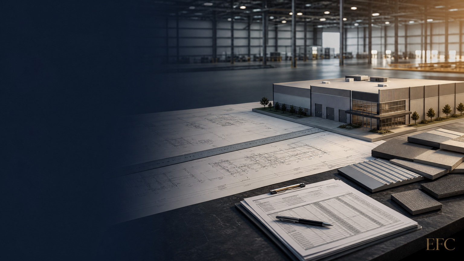 Industrial building plan set, structural grid drawings, and quantity takeoff workspace