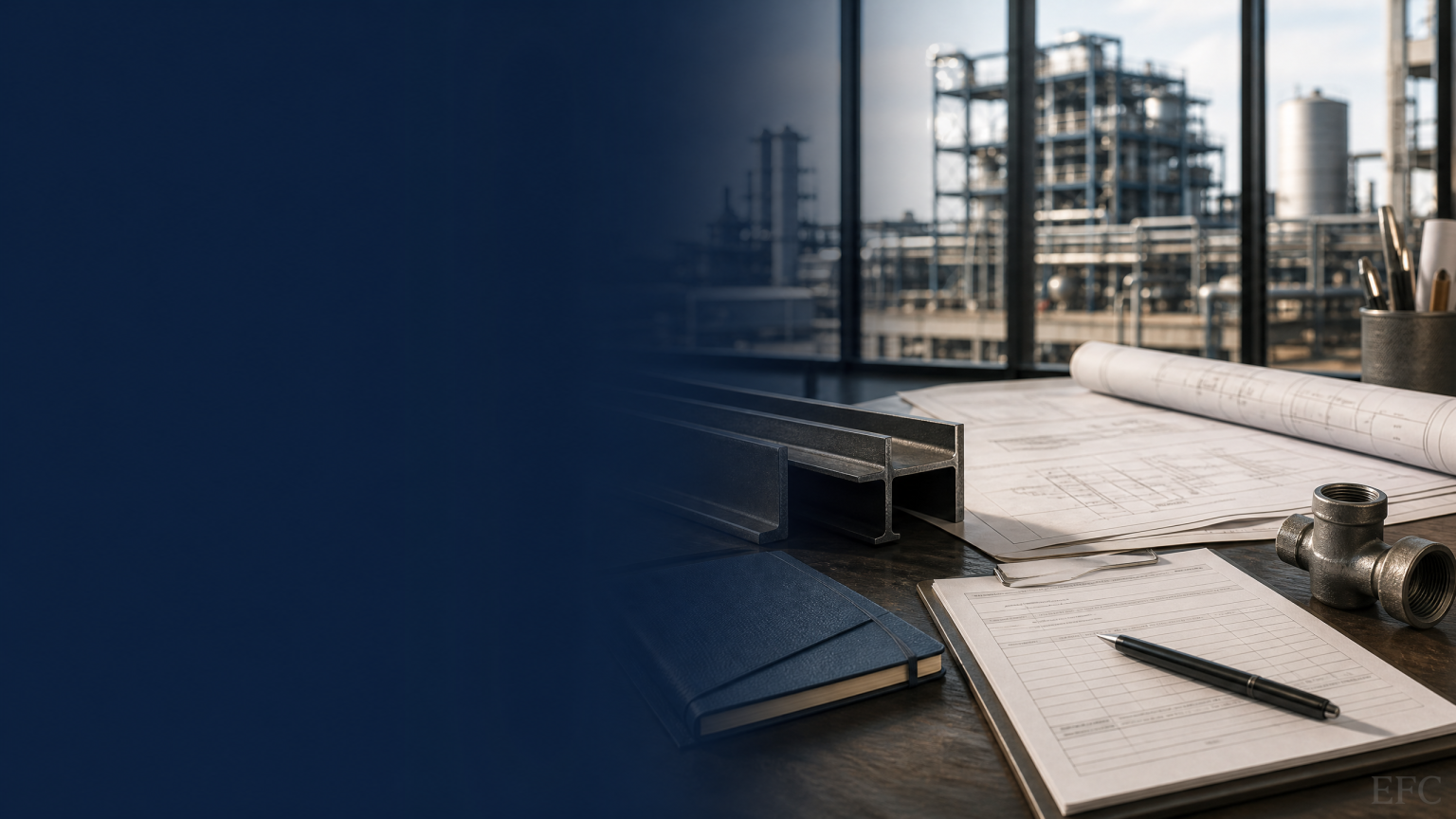 Industrial estimating workspace with facility planning materials and EFC watermark