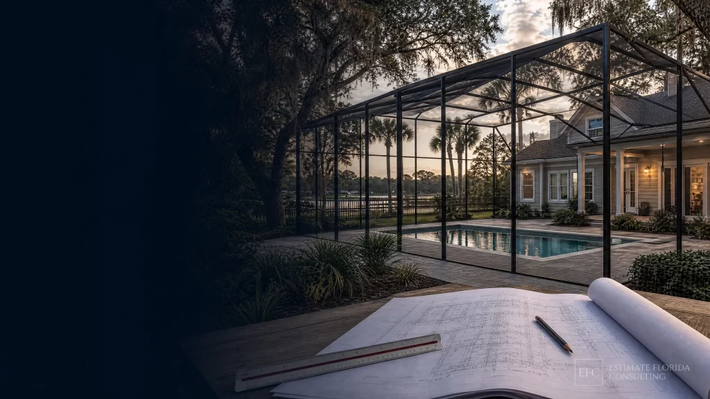 Watermarked Jacksonville pool screen enclosure with estimating plans and measuring tools