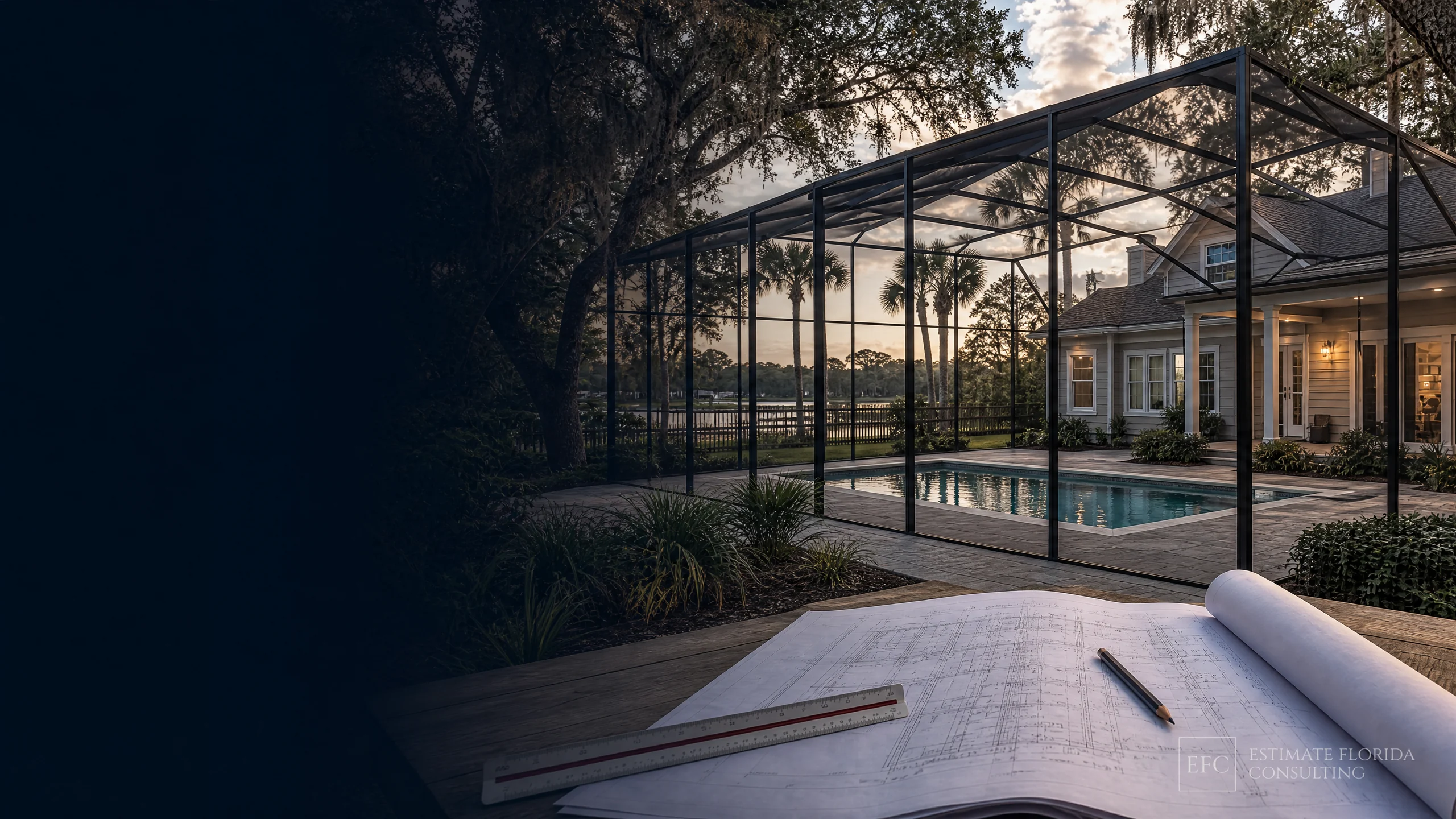 Watermarked Jacksonville pool screen enclosure with estimating plans and measuring tools