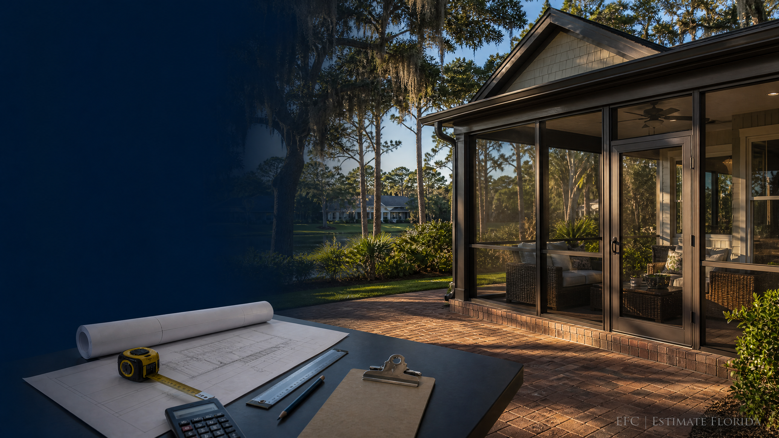 Watermarked screened porch, estimating plans, measuring tools, and Florida residential setting for Jacksonville screened porch estimating