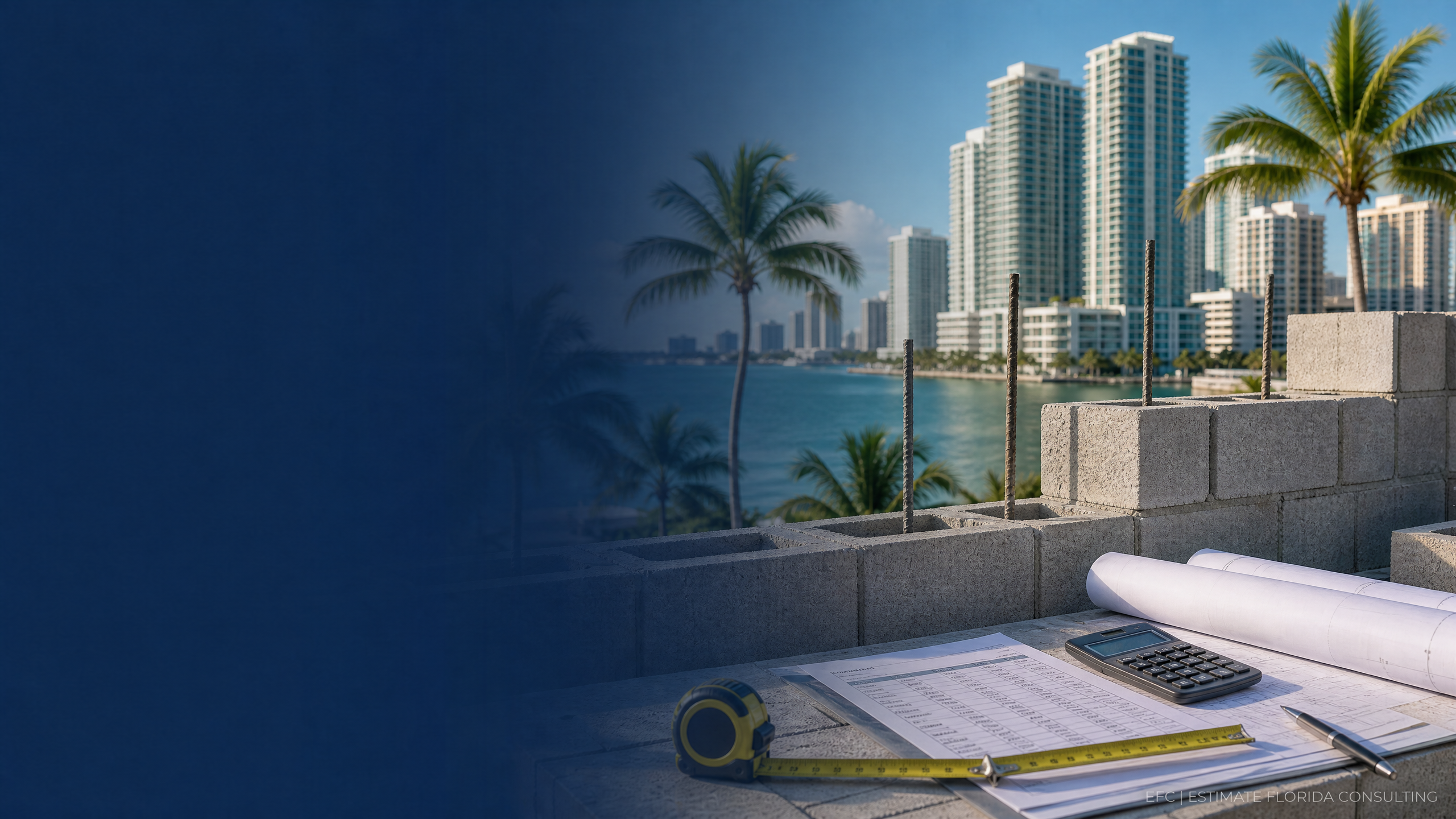 Watermarked CMU wall, rebar, measuring tools, and planning documents for Miami concrete block estimating