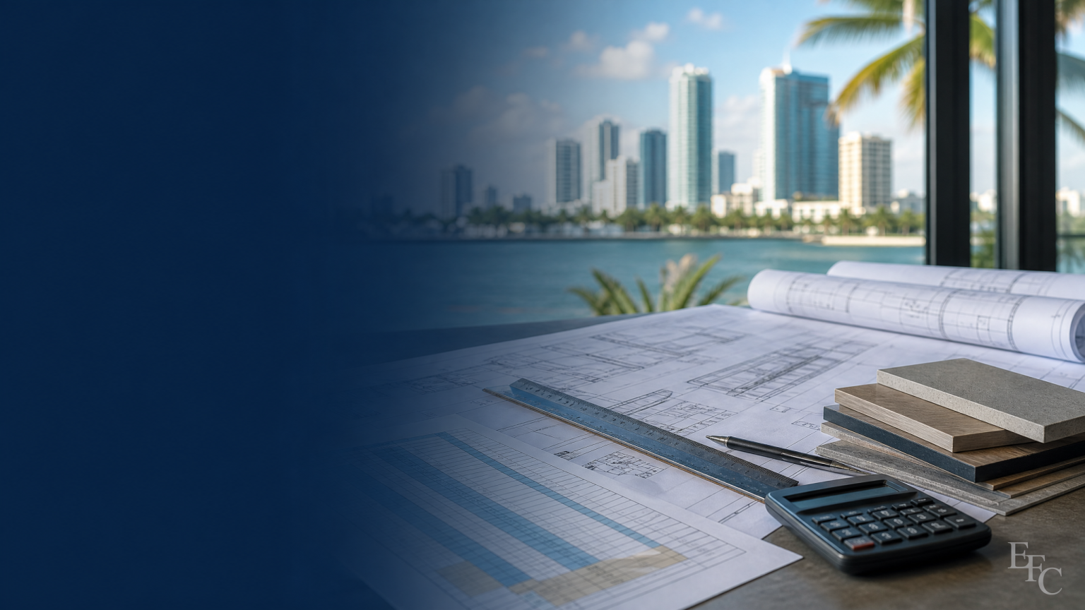 Miami-style Florida skyline beside construction plans and quantity takeoff tools