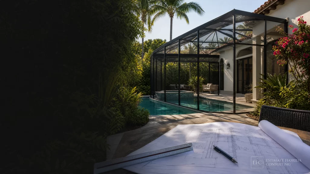 Watermarked Miami pool screen enclosure with estimating plans and measuring tools