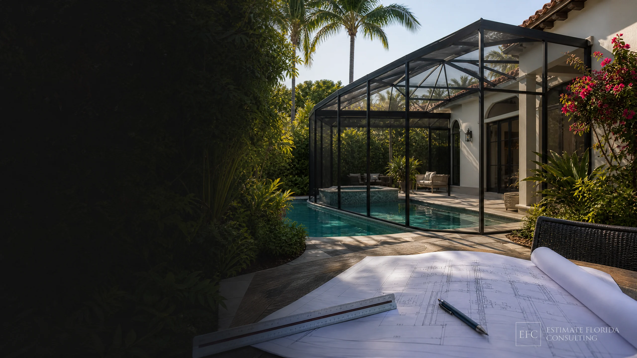 Watermarked Miami pool screen enclosure with estimating plans and measuring tools