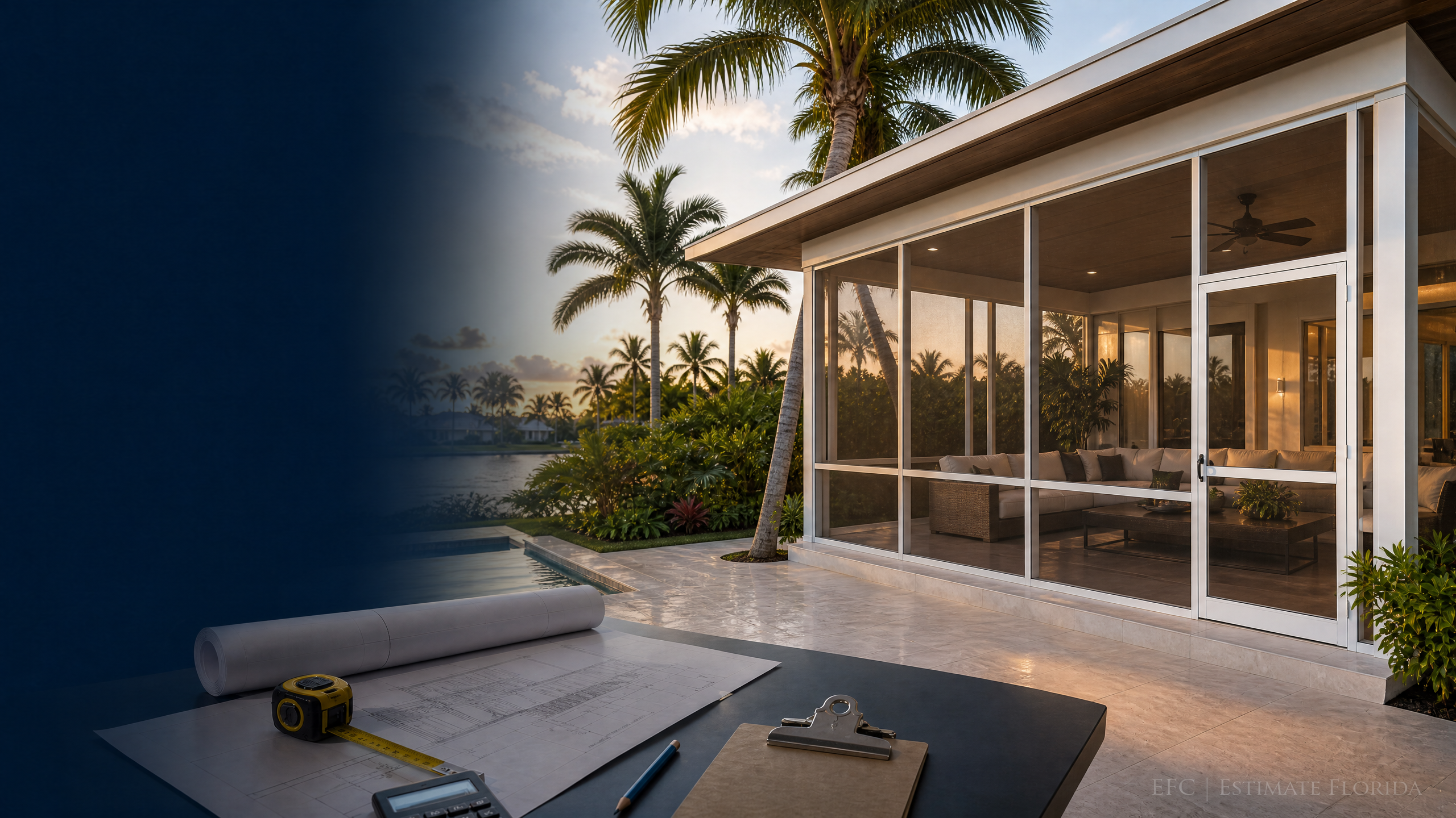 Watermarked screened porch, estimating plans, measuring tools, and Florida residential setting for Miami screened porch estimating
