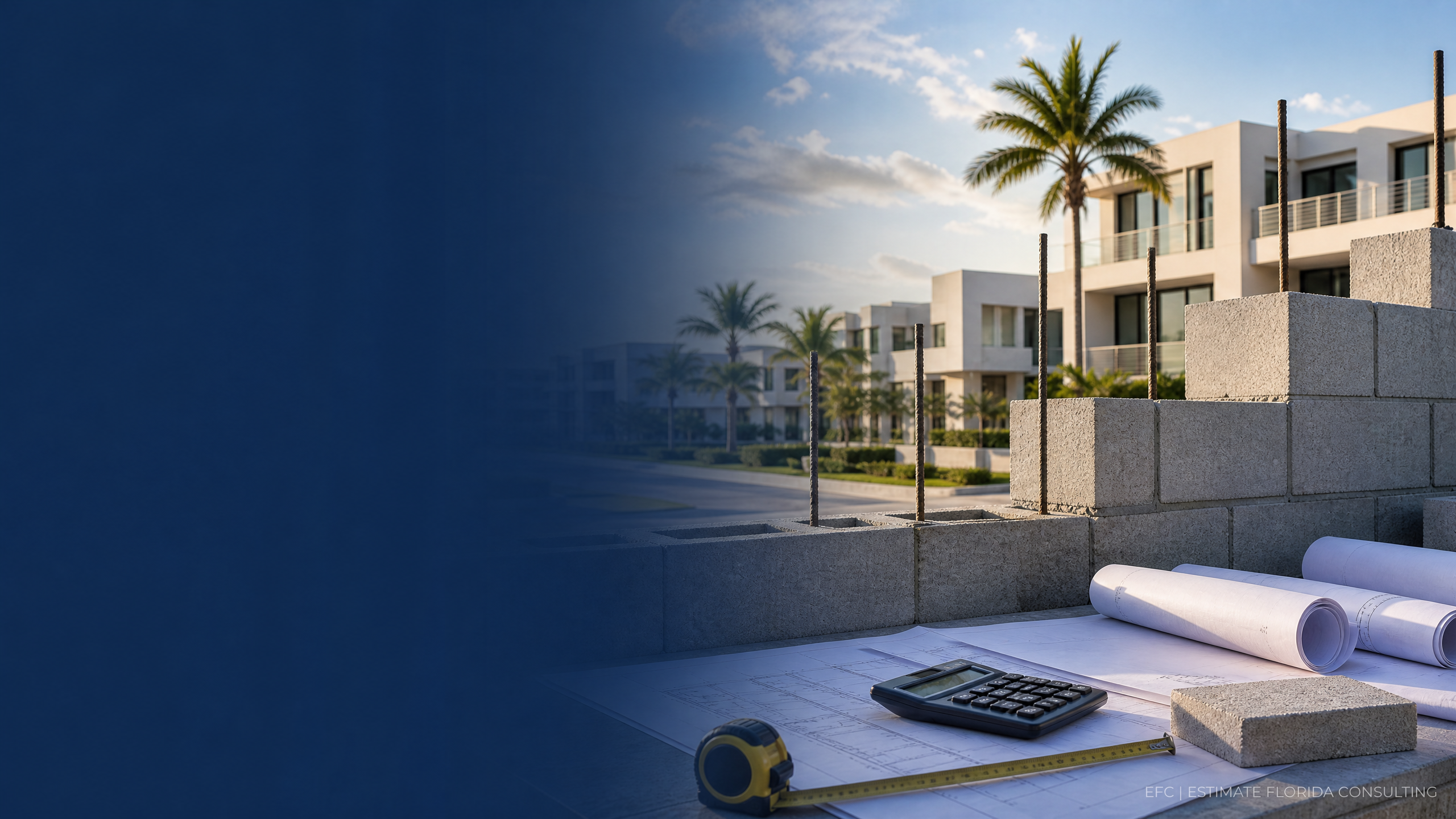 Watermarked CMU wall, rebar, measuring tools, and planning documents for Orlando concrete block estimating