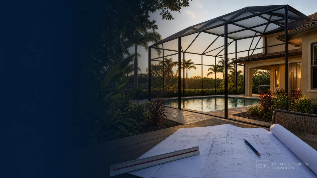Watermarked Orlando pool screen enclosure with estimating plans and measuring tools