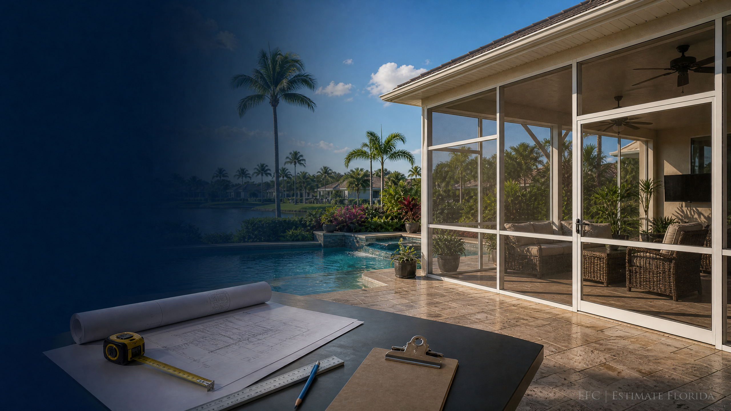 Watermarked screened porch, estimating plans, measuring tools, and Florida residential setting for Orlando screened porch estimating