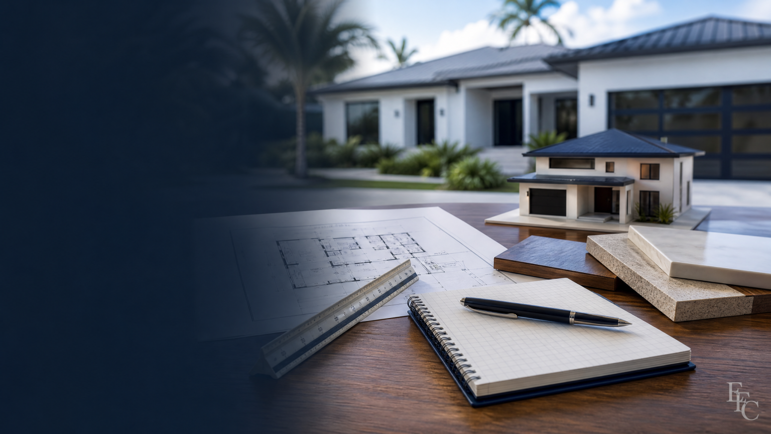 Florida residential construction plan set, material samples, and quantity takeoff workspace