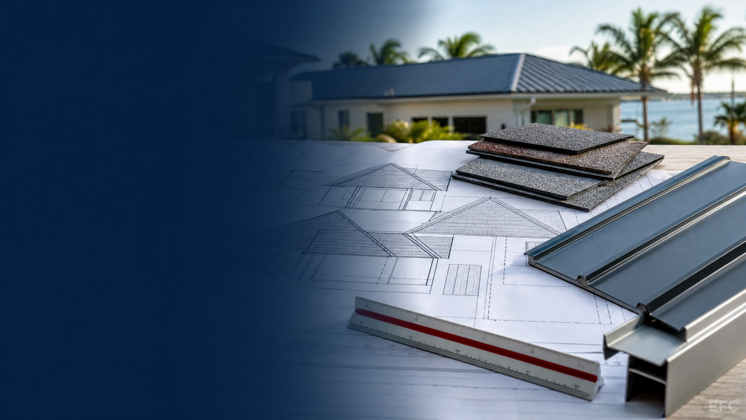 Roof plan drawings and roofing material samples for scope planning
