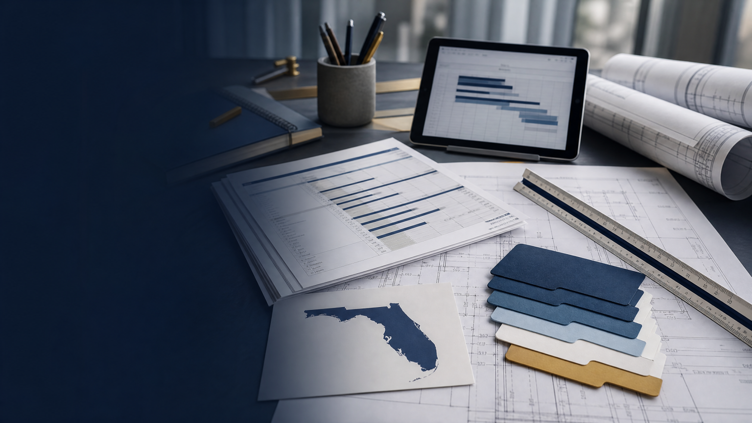 Construction estimating service pathways with plans, scope folders, Florida planning context, and quantity-takeoff tools