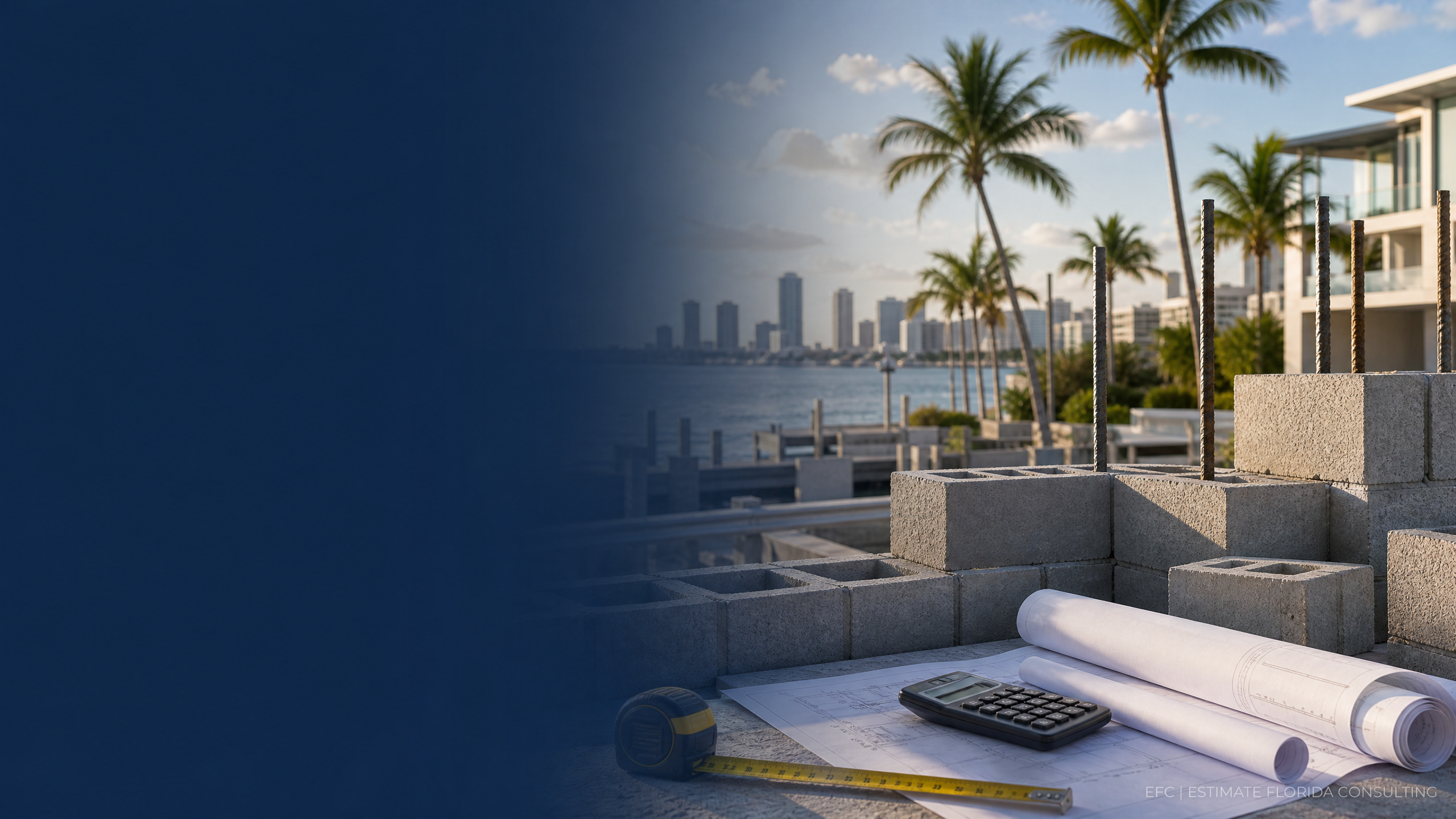 Watermarked CMU wall, rebar, measuring tools, and planning documents for Tampa concrete block estimating