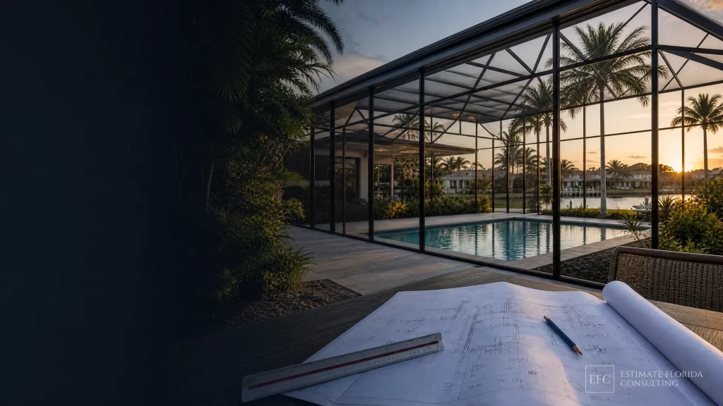 Watermarked Tampa pool screen enclosure with estimating plans and measuring tools