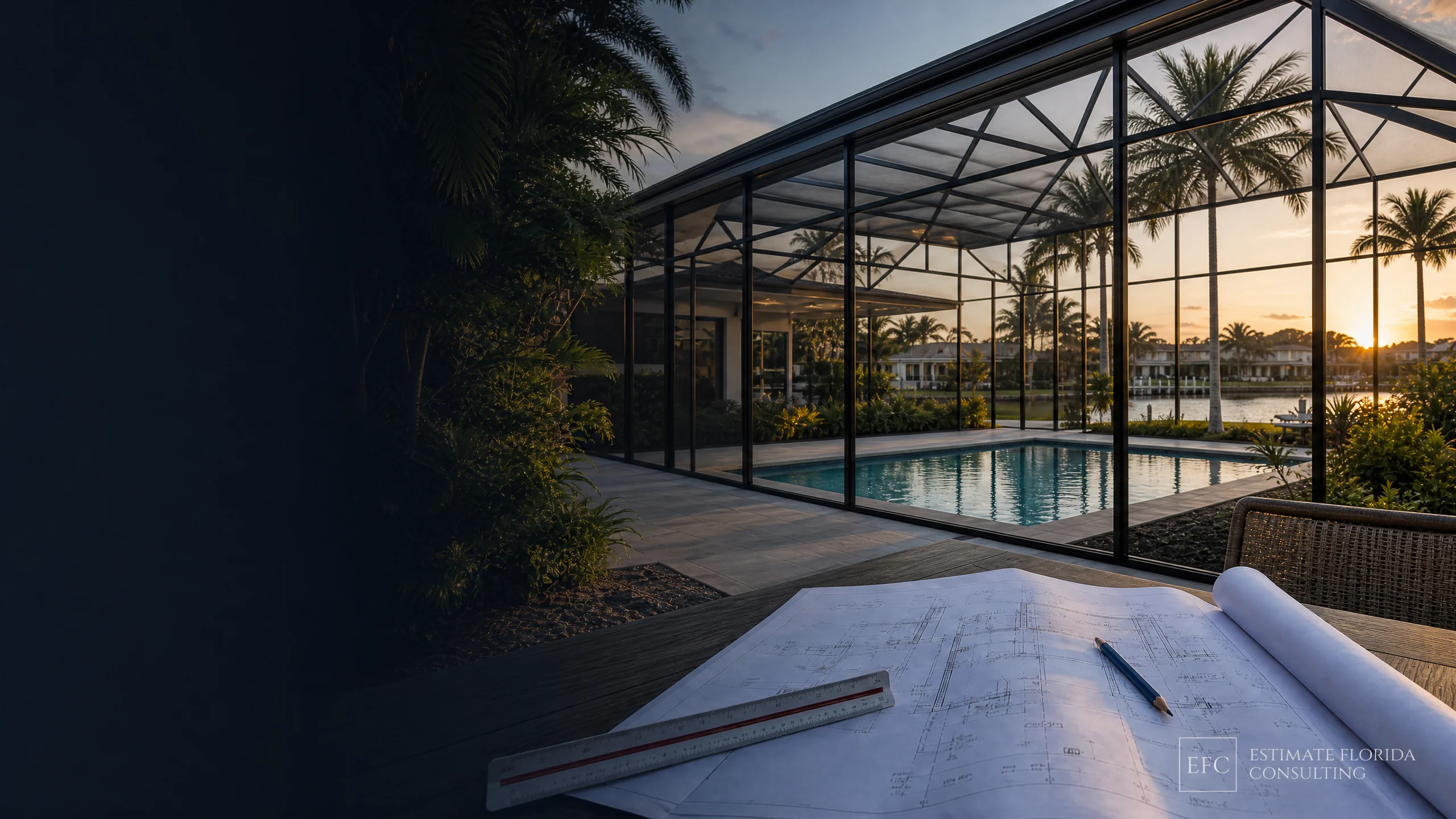 Watermarked Tampa pool screen enclosure with estimating plans and measuring tools