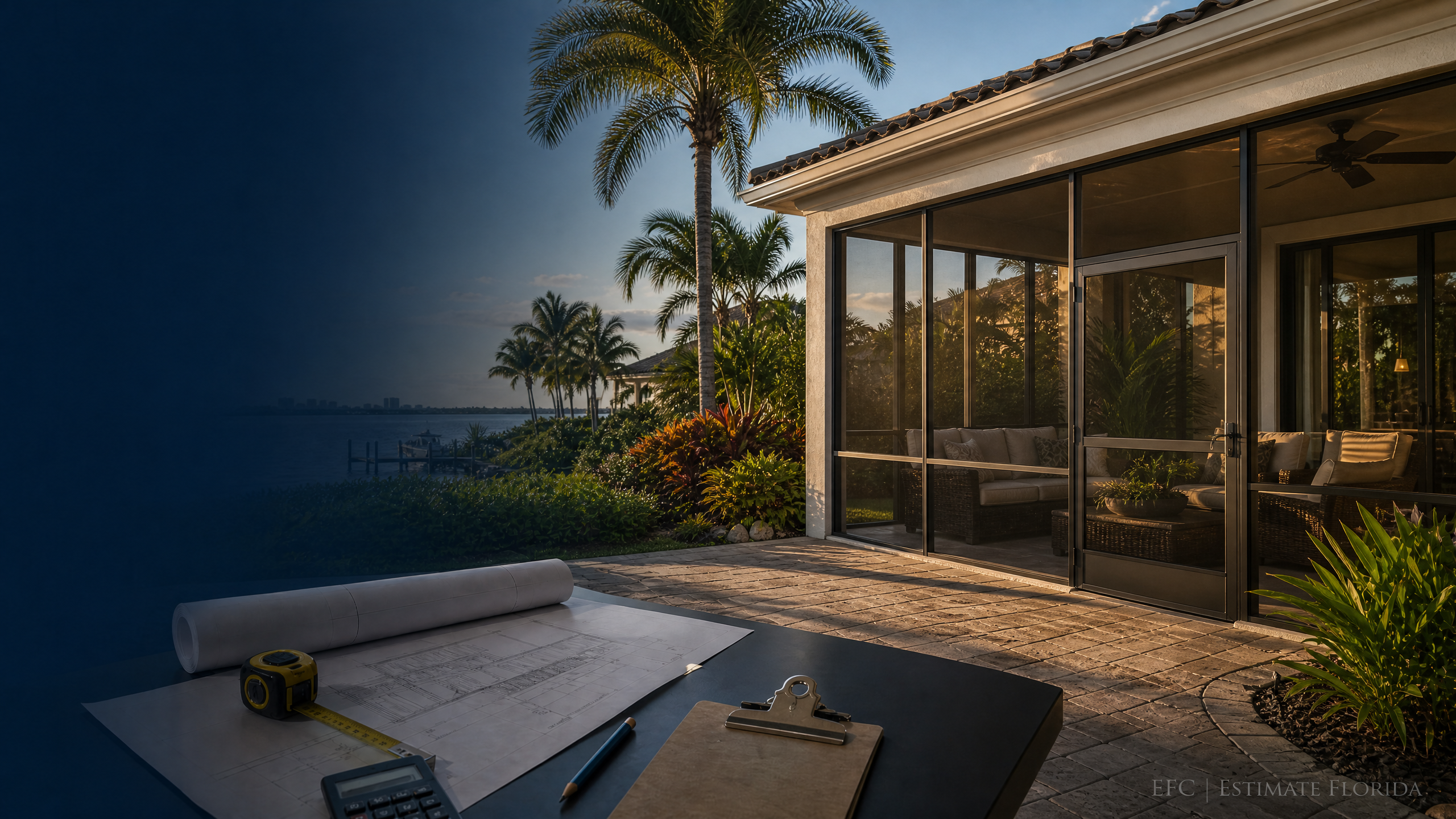 Watermarked screened porch, estimating plans, measuring tools, and Florida residential setting for Tampa screened porch estimating