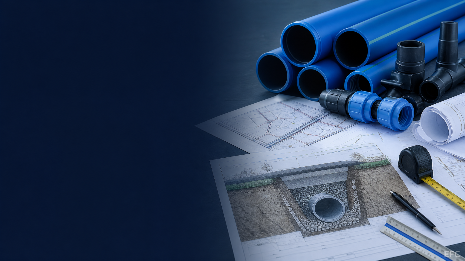 Underground pipework planning documents, blue utility pipe, and quantity takeoff tools