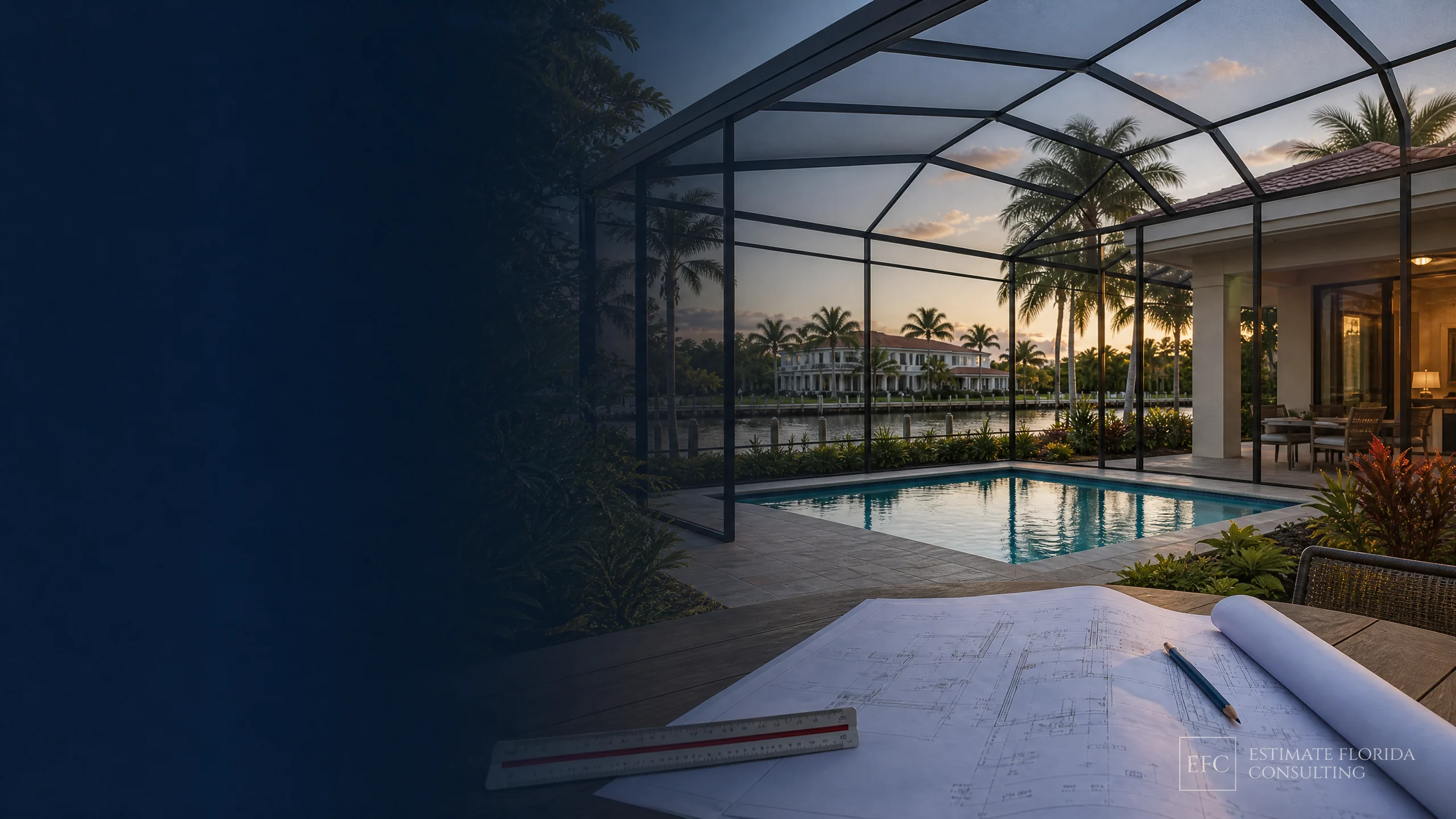 Watermarked West Palm Beach pool screen enclosure with estimating plans and measuring tools
