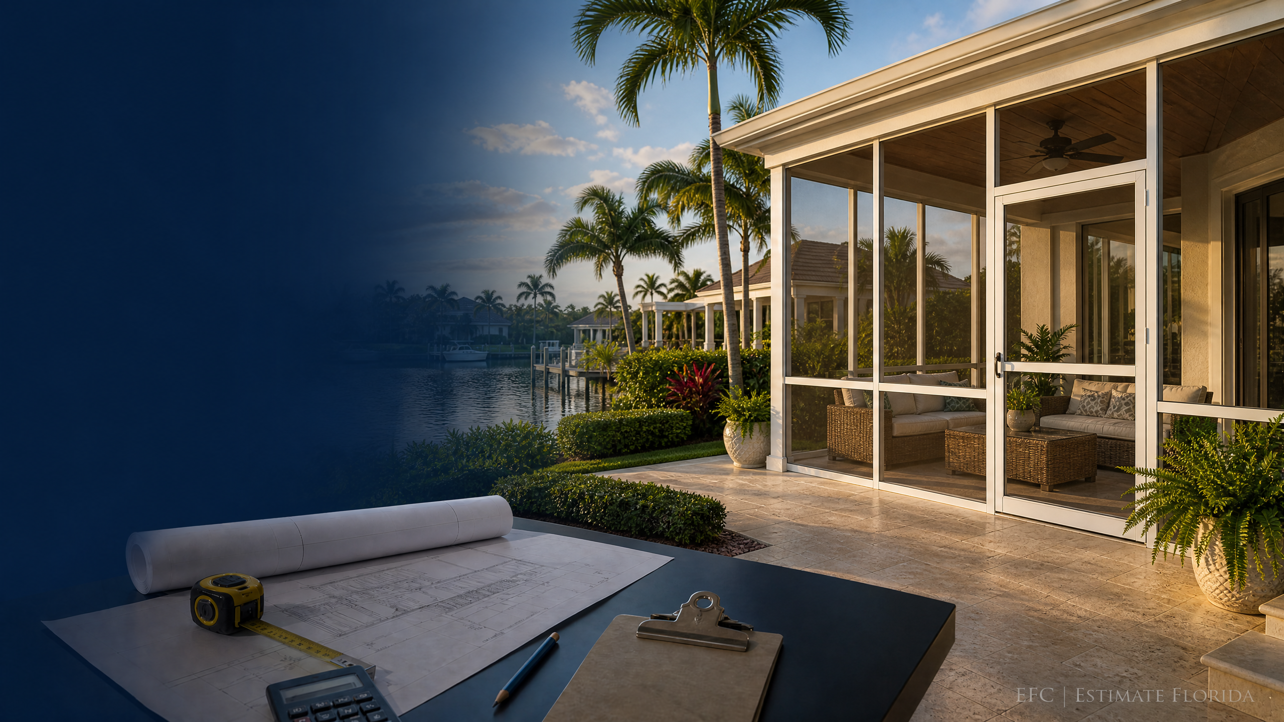 Watermarked screened porch, estimating plans, measuring tools, and Florida residential setting for West Palm Beach screened porch estimating