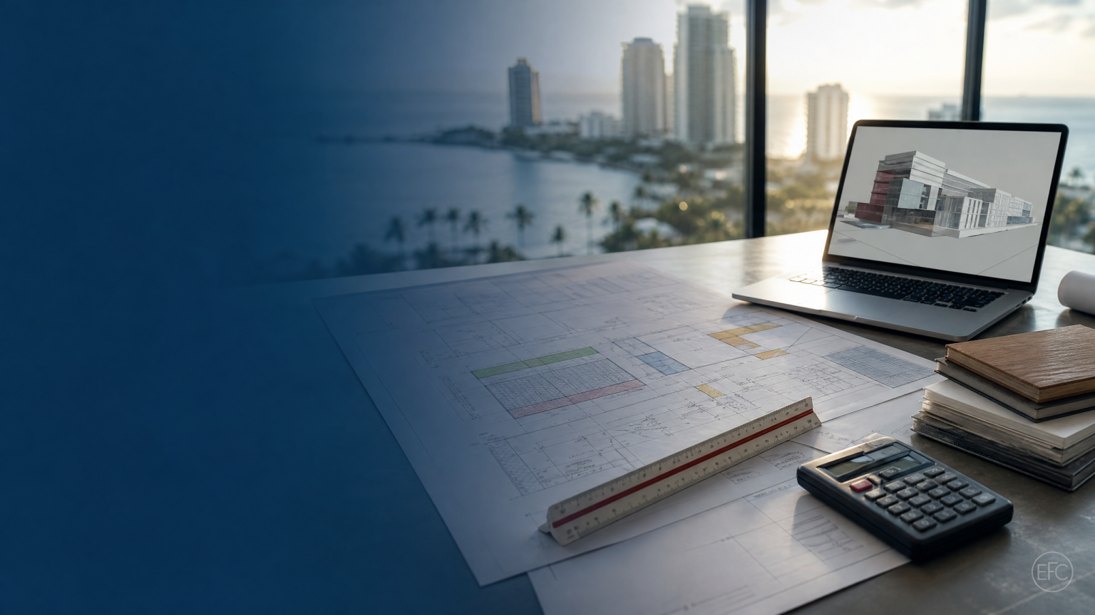 Construction estimating and quantity takeoff planning desk with project documents and a Florida skyline